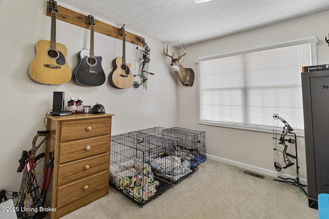 carpeted bedroom featuring baseboards, visible vents, and a textured ceiling