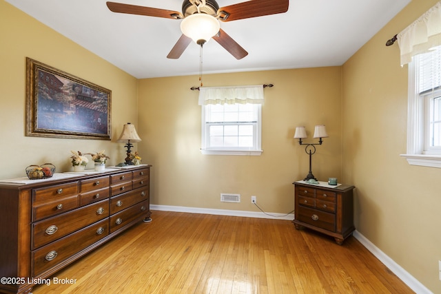 bedroom with visible vents, baseboards, a ceiling fan, and light wood finished floors