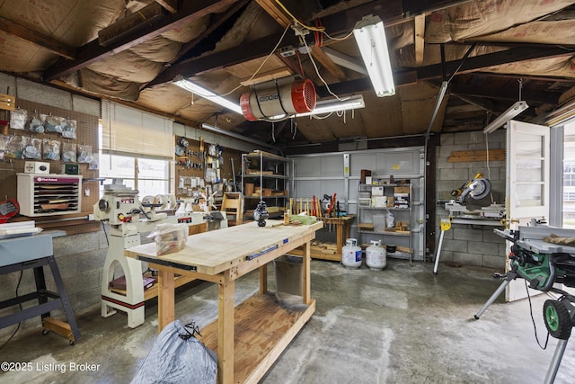 below grade area featuring a workshop area and concrete block wall