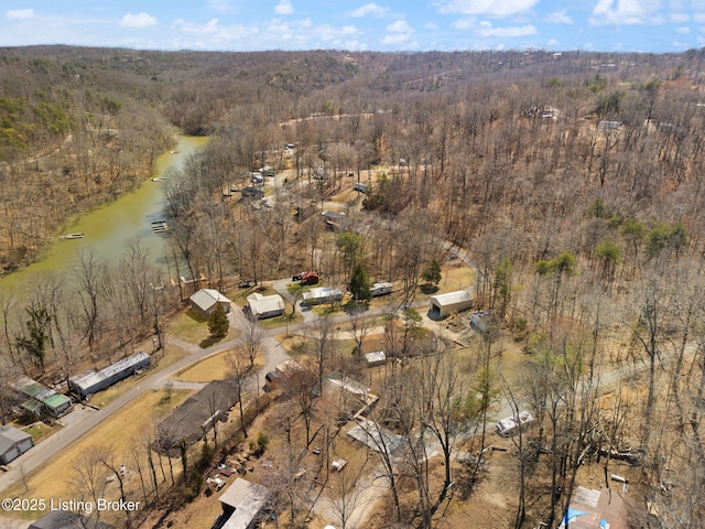 bird's eye view featuring a view of trees and a water view