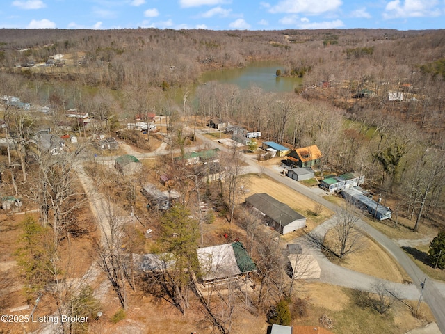 birds eye view of property featuring a view of trees and a water view