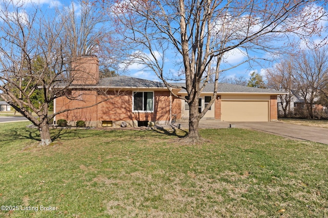 ranch-style home with a front lawn, an attached garage, brick siding, and concrete driveway