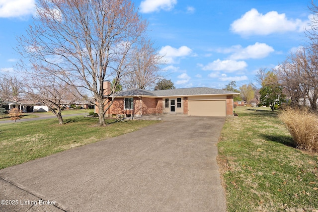 ranch-style house featuring brick siding, driveway, a front yard, and a garage