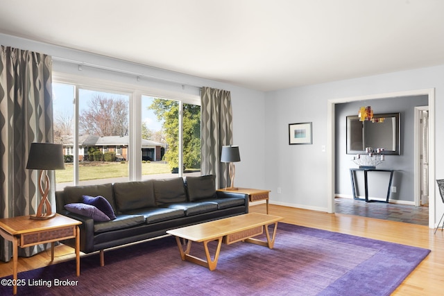 living area featuring baseboards and wood finished floors