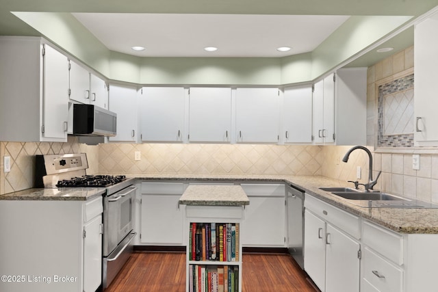 kitchen featuring white cabinetry, dark wood-style floors, appliances with stainless steel finishes, and a sink