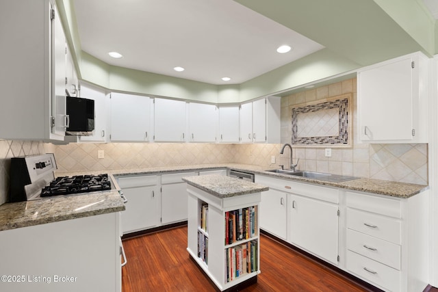 kitchen with white cabinetry, dark wood-type flooring, light stone countertops, and a sink