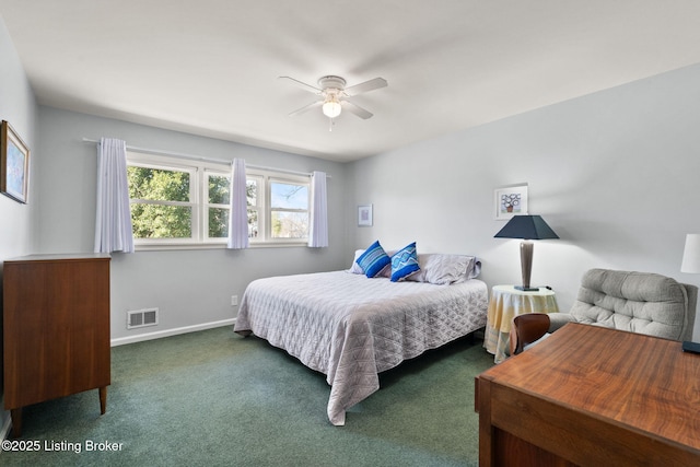 bedroom featuring a ceiling fan, baseboards, visible vents, and carpet floors