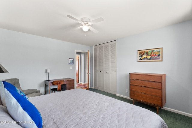 bedroom featuring a closet, ceiling fan, baseboards, and carpet floors