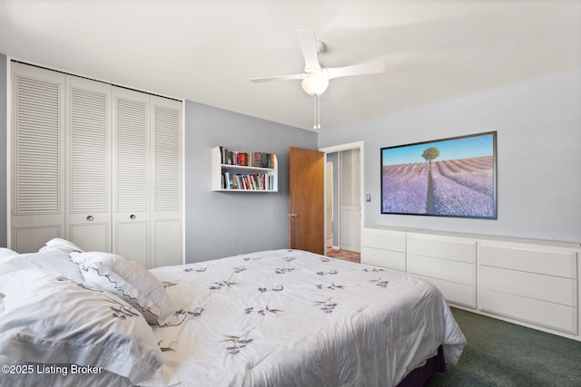 carpeted bedroom with a closet and ceiling fan