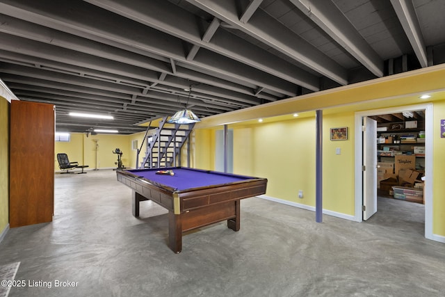 playroom with baseboards, finished concrete flooring, and pool table