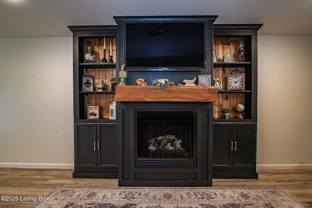 room details with wood finished floors, a fireplace, and baseboards