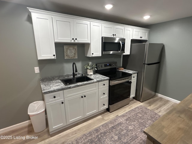 kitchen featuring white cabinetry, baseboards, appliances with stainless steel finishes, and a sink