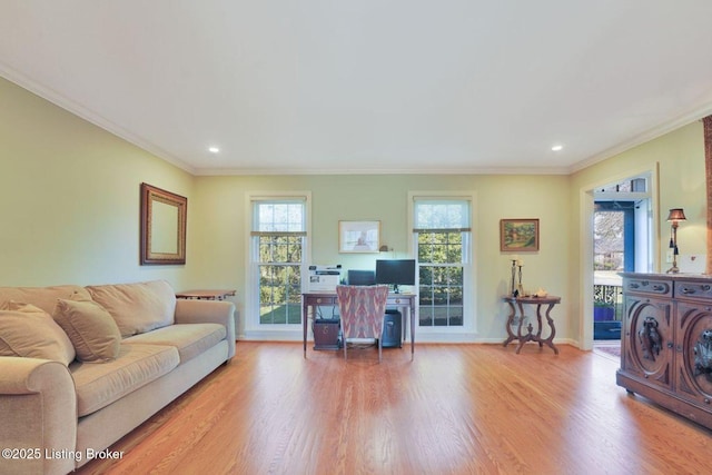 living area featuring baseboards, ornamental molding, and light wood finished floors