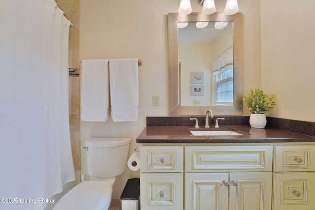 bathroom featuring vanity, toilet, and a shower with curtain