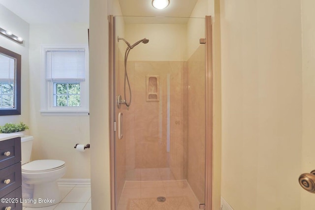 bathroom with vanity, toilet, a shower stall, and tile patterned flooring