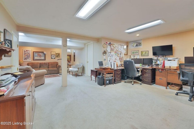 office with carpet flooring and ornamental molding