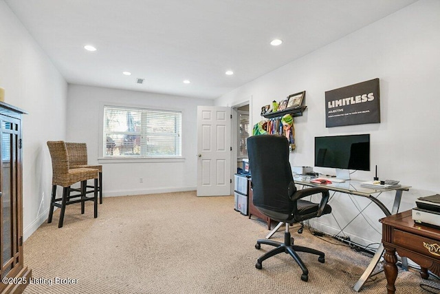 carpeted home office with recessed lighting, visible vents, and baseboards