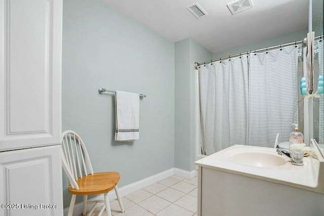 full bathroom featuring tile patterned flooring, visible vents, vanity, and baseboards