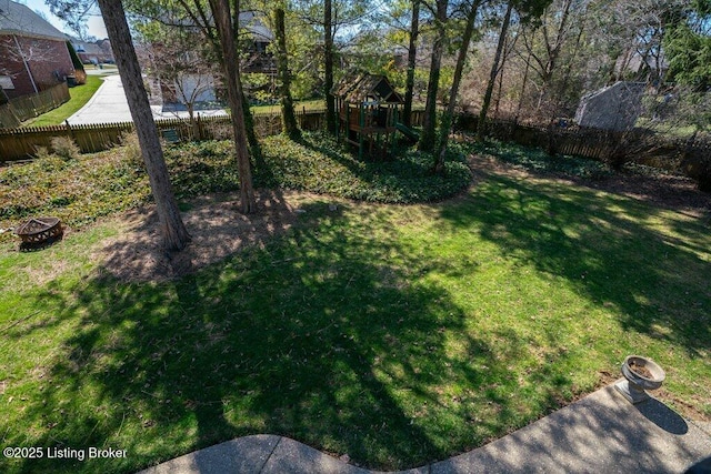 view of yard with a playground and a fenced backyard