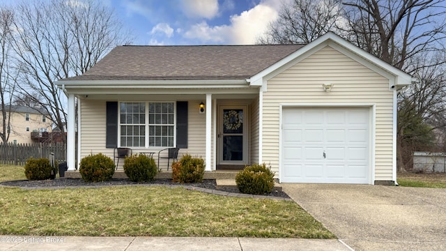 ranch-style home with fence, covered porch, a shingled roof, concrete driveway, and a garage