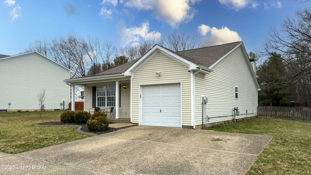 view of front facade featuring a garage, a porch, a front yard, and fence