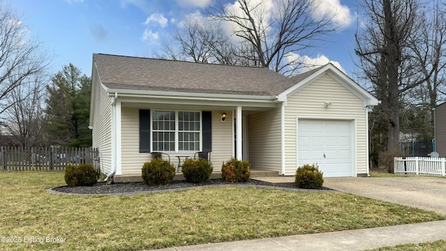 ranch-style home with an attached garage, concrete driveway, a front yard, and fence