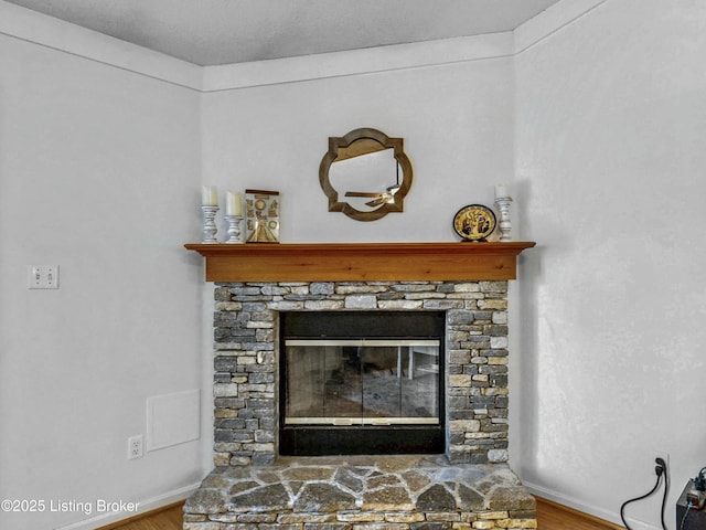 room details with baseboards, a stone fireplace, and wood finished floors