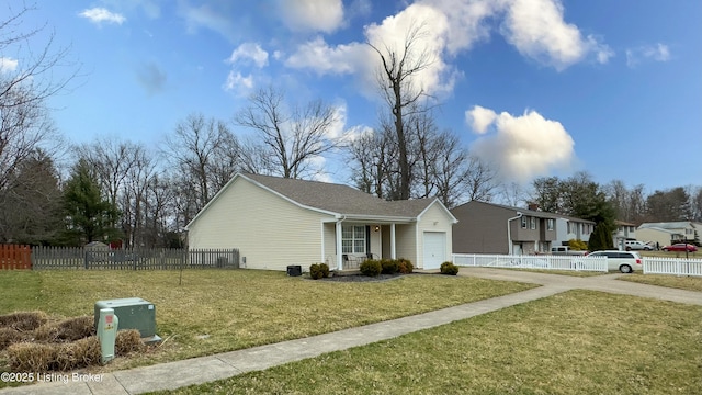 view of front of property featuring a garage, concrete driveway, a front lawn, and fence