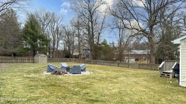 view of yard featuring an outbuilding, a storage unit, and a fenced backyard