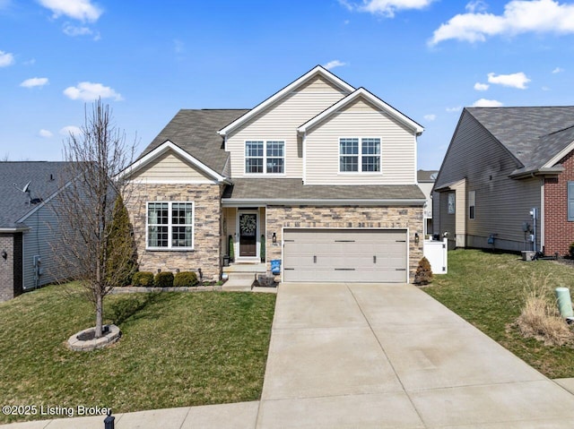 view of front of house with a front lawn, stone siding, concrete driveway, an attached garage, and a shingled roof