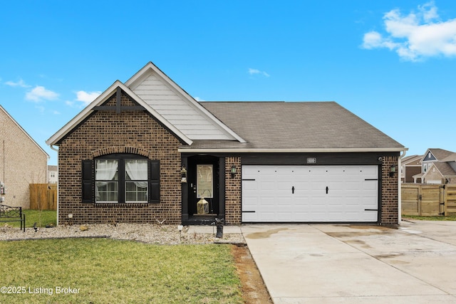 ranch-style house featuring fence, brick siding, and driveway