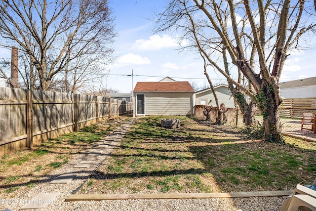 view of yard with an outdoor structure and a fenced backyard