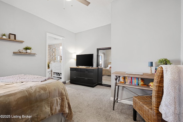 bedroom with baseboards, light colored carpet, and a ceiling fan