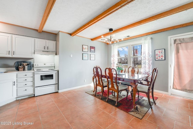 dining room with baseboards, beam ceiling, a textured ceiling, and a notable chandelier