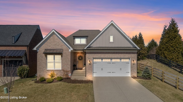 view of front of home featuring brick siding, board and batten siding, concrete driveway, and fence