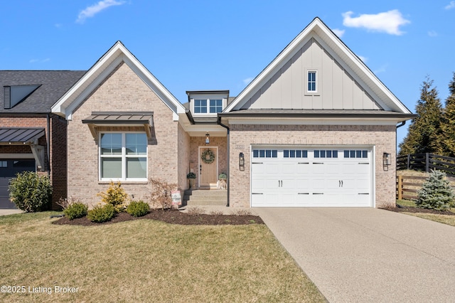 view of front of home featuring brick siding, board and batten siding, a front lawn, fence, and concrete driveway