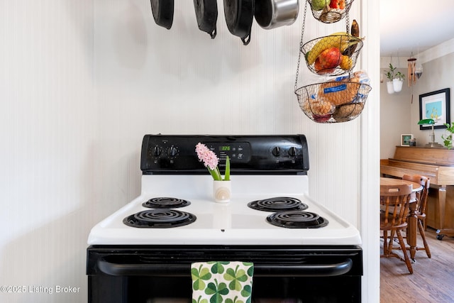 kitchen with wood finished floors and electric range oven