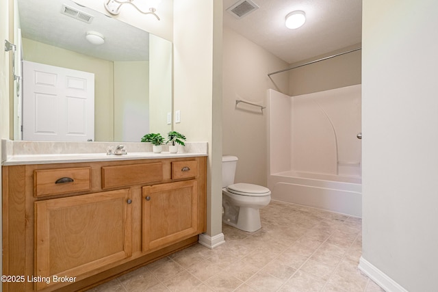 bathroom with visible vents, toilet, bathtub / shower combination, and vanity