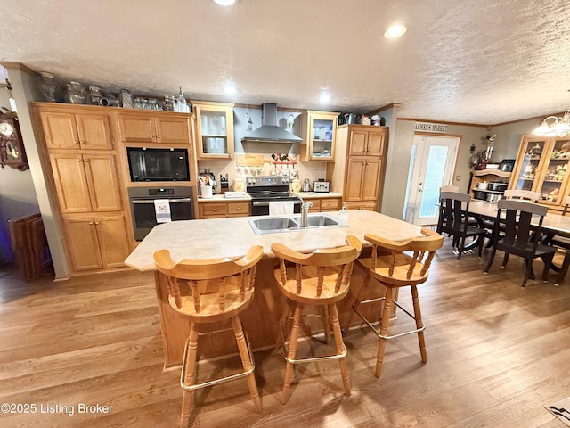 kitchen with light wood finished floors, light countertops, stainless steel appliances, wall chimney exhaust hood, and a sink