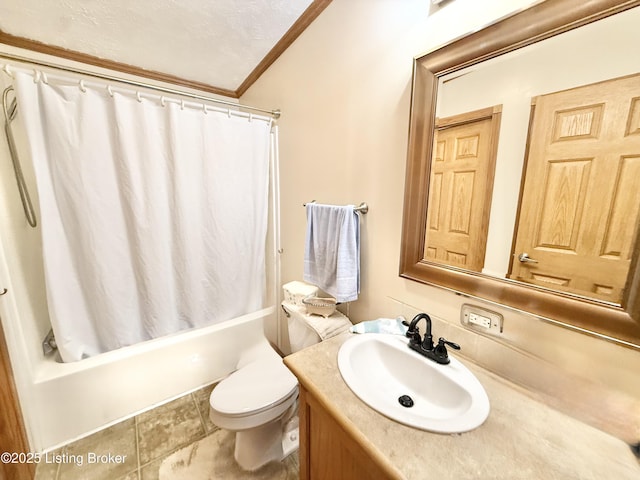 full bath with toilet, shower / tub combo with curtain, vanity, and ornamental molding