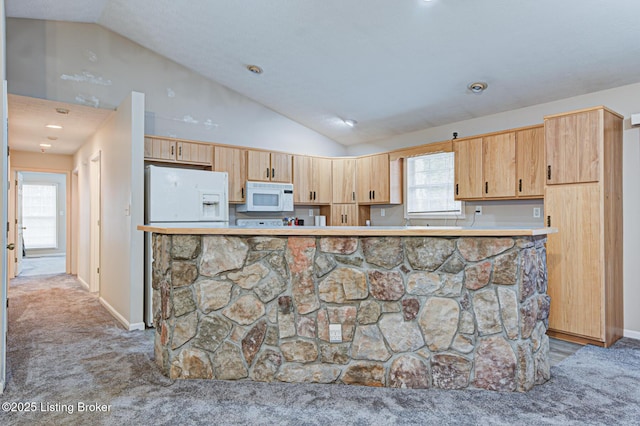 1670 Pine Creek Trl, Shepherdsville, KY 40165 - kitchen with a wealth of natural light, white appliances, light colored carpet, and vaulted ceiling