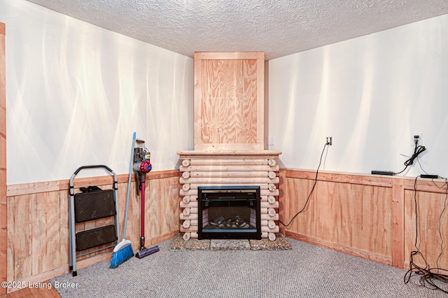 1670 Pine Creek Trl, Shepherdsville, KY 40165 - living area featuring a wainscoted wall, a fireplace, a textured ceiling, and wooden walls