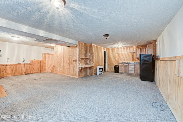 1670 Pine Creek Trl, Shepherdsville, KY 40165 - unfurnished living room with a wainscoted wall, a textured ceiling, wood walls, and carpet flooring