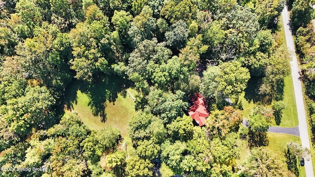 aerial view featuring a wooded view