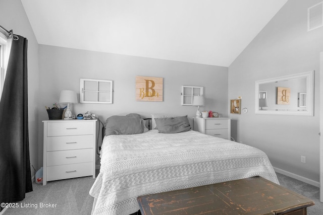 bedroom featuring visible vents, light colored carpet, baseboards, and lofted ceiling