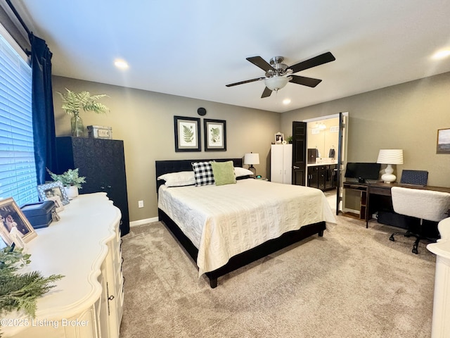 bedroom with recessed lighting, baseboards, light colored carpet, and ceiling fan