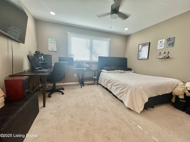 carpeted bedroom with recessed lighting and ceiling fan