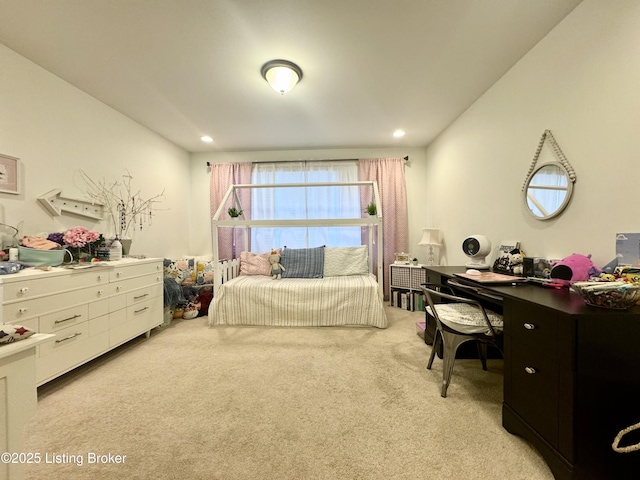 bedroom featuring recessed lighting and light carpet