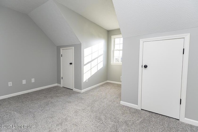 additional living space featuring a textured ceiling, baseboards, lofted ceiling, and carpet floors