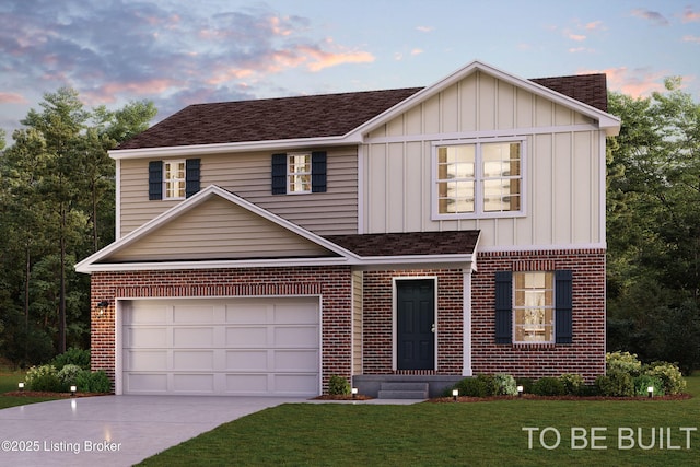 traditional home with board and batten siding, concrete driveway, brick siding, and a shingled roof